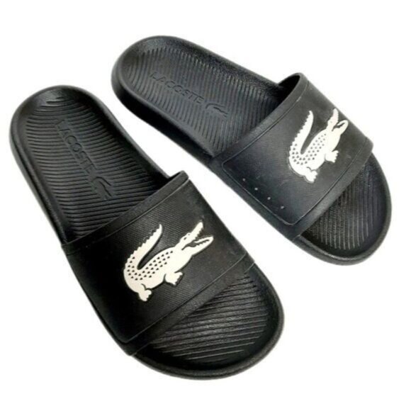 LACOSTE Croco Slide Sandals Lage Logo Black B&W Sz 6 - Picture 2 of 11